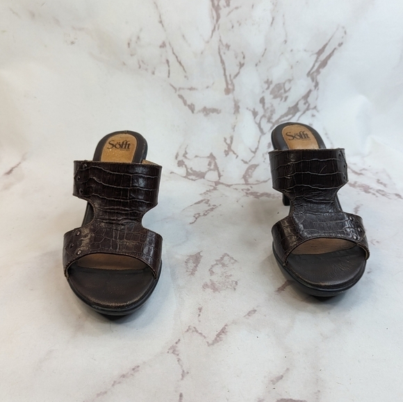 Sofft Heels Womens 9 Brown Pumps Leather Sandal Shoe Croc Reptile Valora - Picture 2 of 12